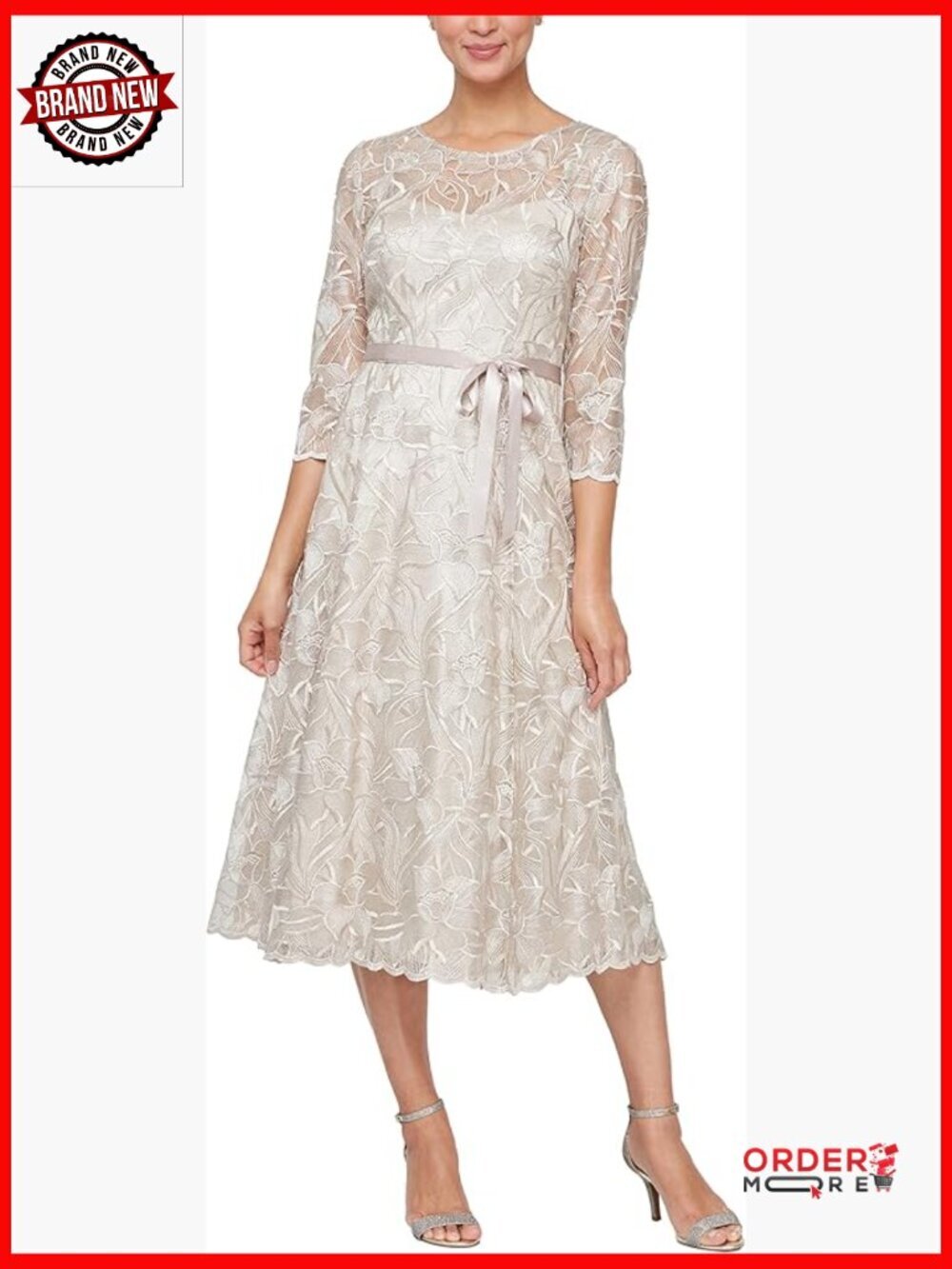 Tea Length Embroidered Cocktail Dress with Illusion Sleeves